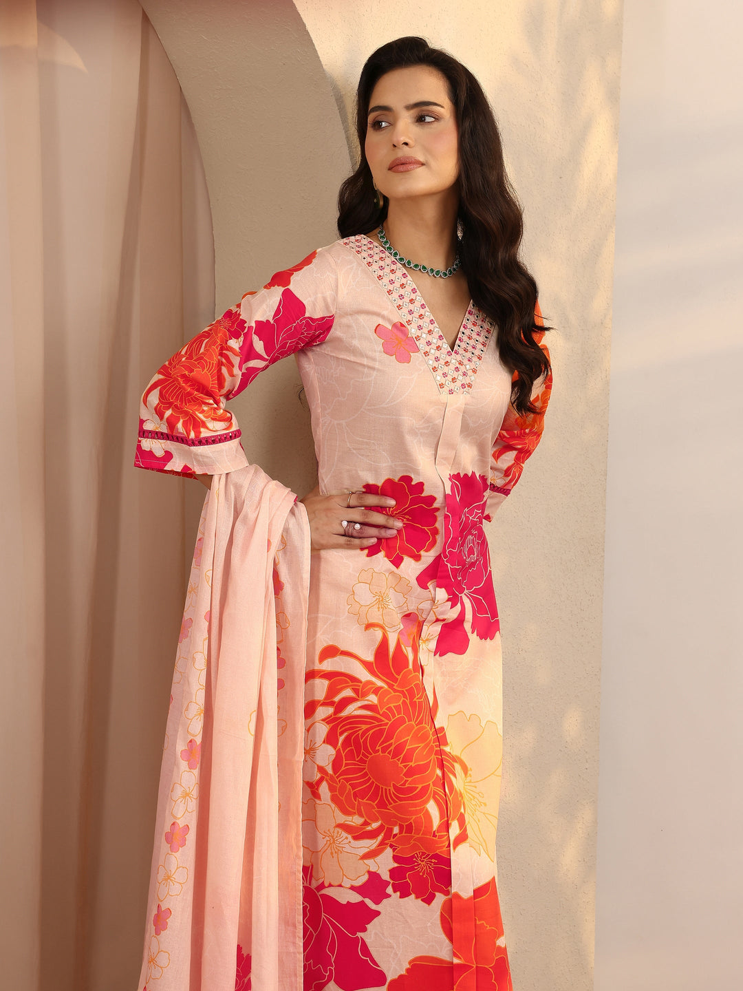 Peach Printed Cotton Straight Suit Set With Dupatta