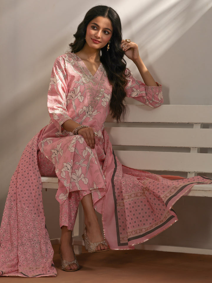 Peach Printed Cotton Straight Suit Set With Dupatta