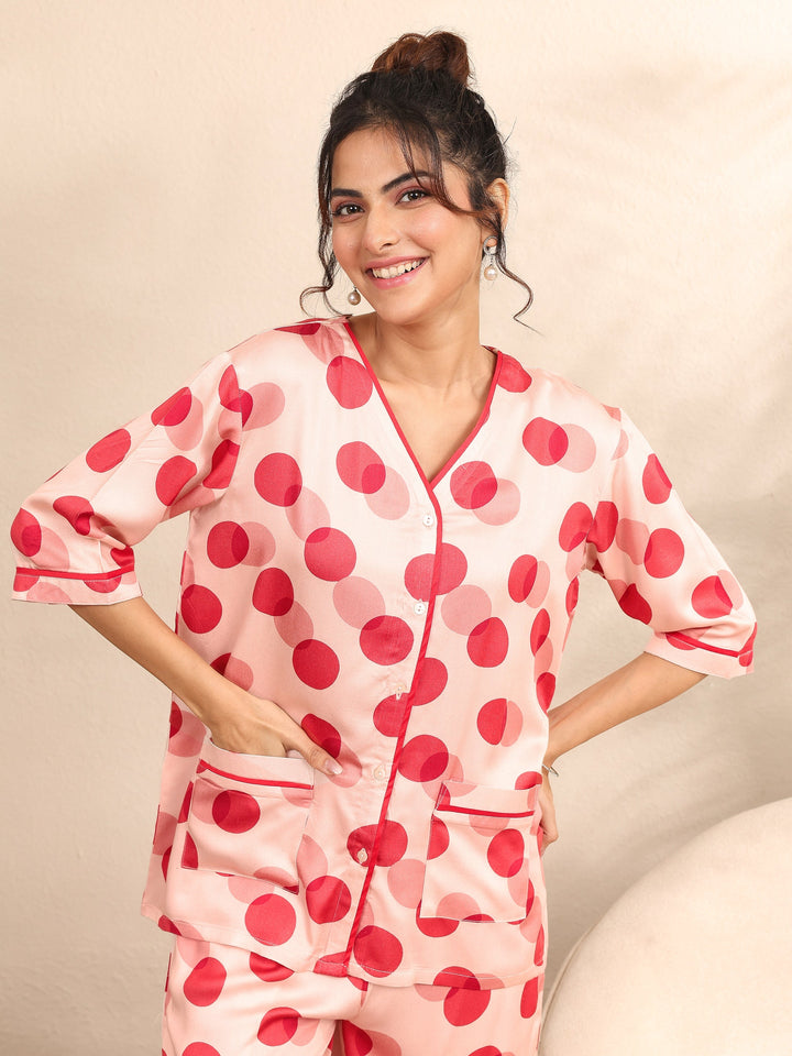 Peach Printed Silk Blend Night Suit