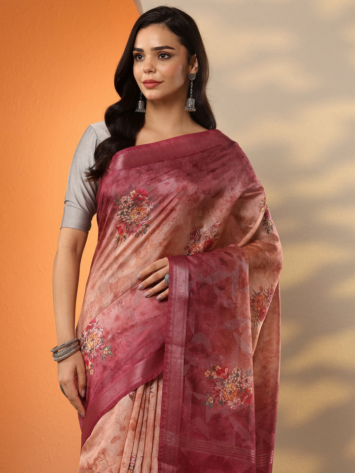 Peach Printed Silk Blend Saree With Unstitched Blouse Piece