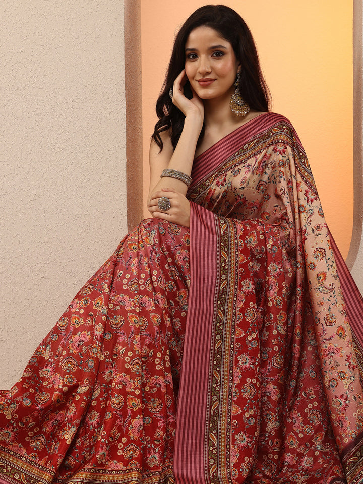Peach Printed Silk Blend Saree With Unstitched Blouse Piece