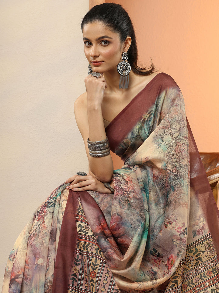 Peach Printed Silk Blend Sarees With Unstitched Blouse Piece