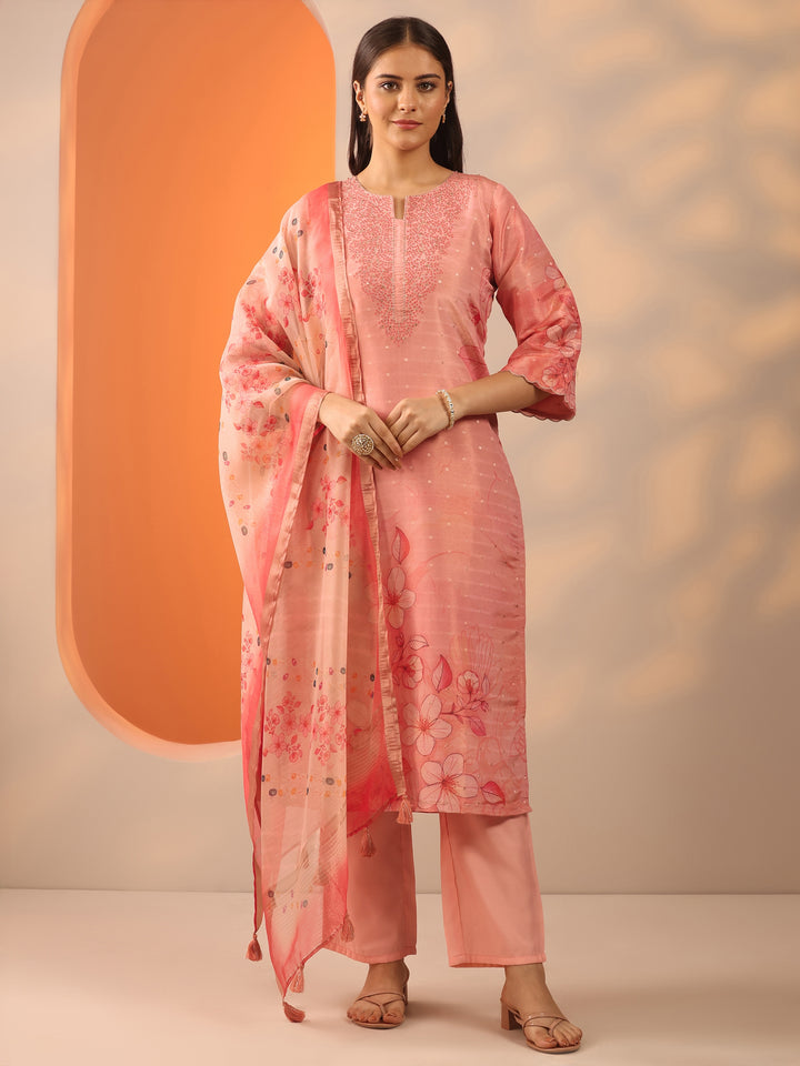 Peach Printed Silk Blend Straight Suit Set With Dupatta