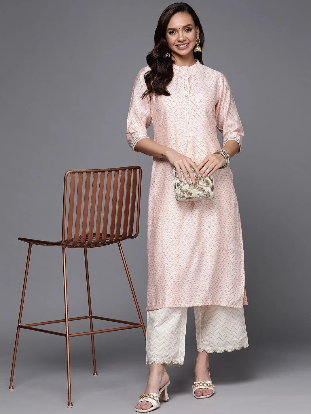 Peach Printed Silk Straight Kurta - ShopLibas 