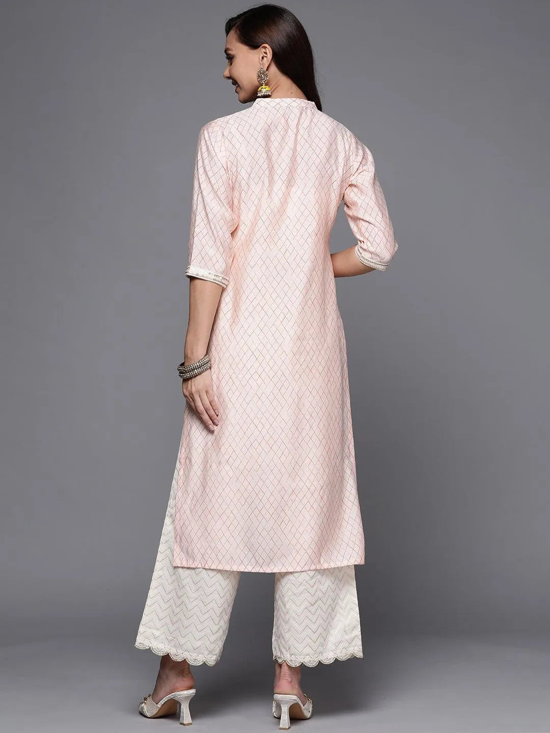 Peach Printed Silk Straight Kurta - ShopLibas 