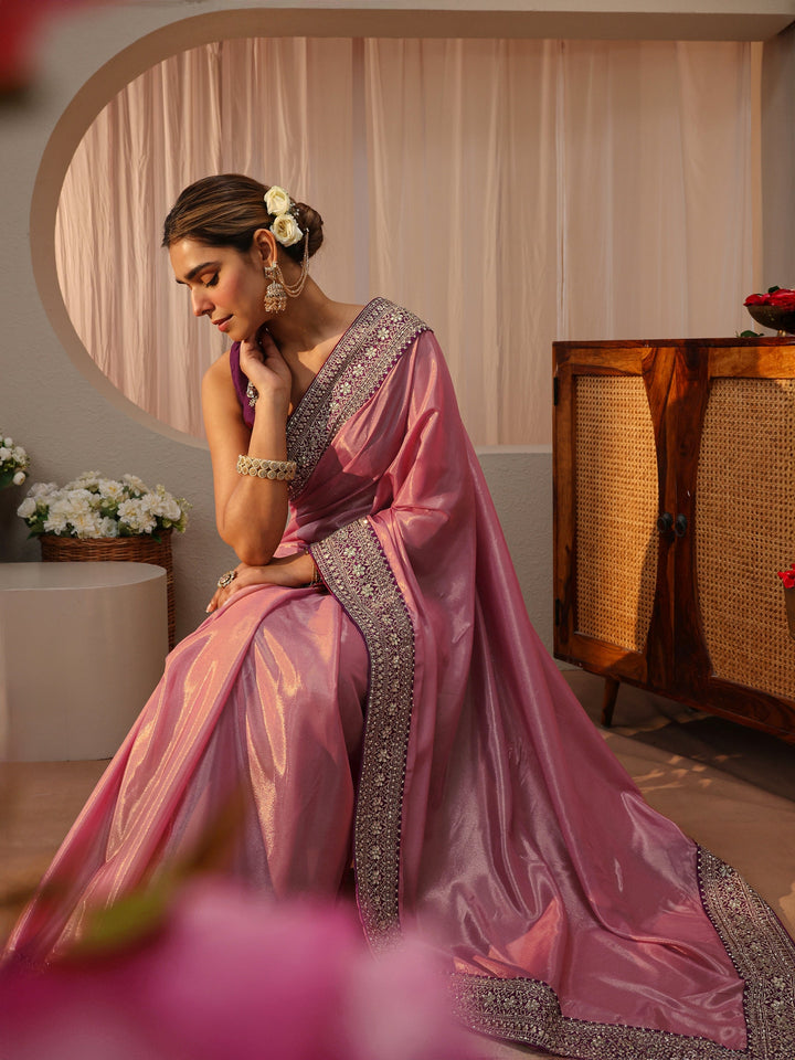 Peach Satin Saree With Floral Border