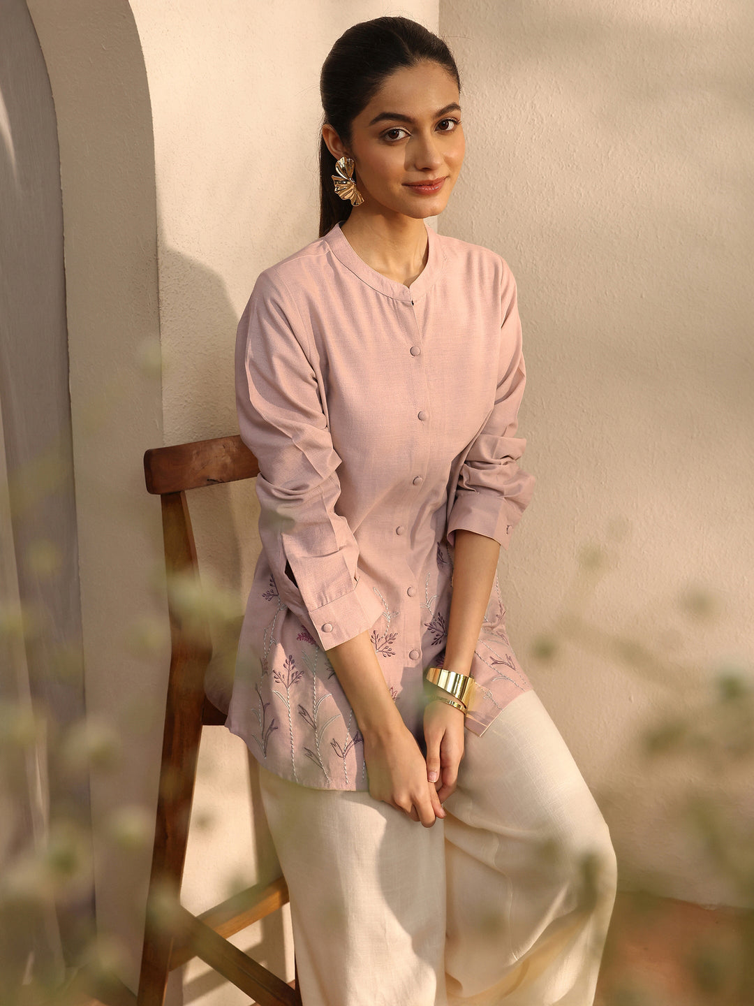 Peach Self Design Linen Shirt