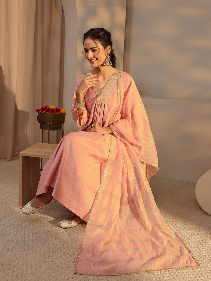 Peach Woven Design Chanderi Silk A-Line Suit Set With Dupatta