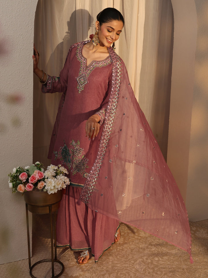 Peach Woven Design Chiffon Straight Suits Set With Dupatta
