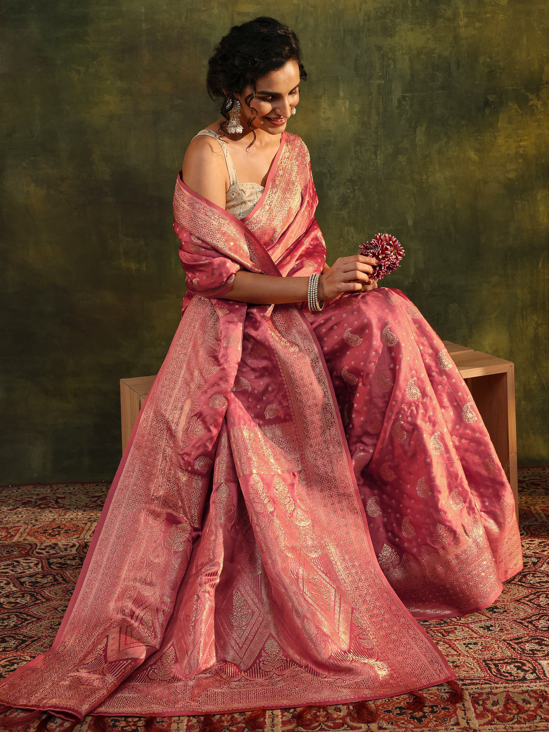 Peach Woven Design Satin Banarasi Saree With Unstitched Blouse Piece