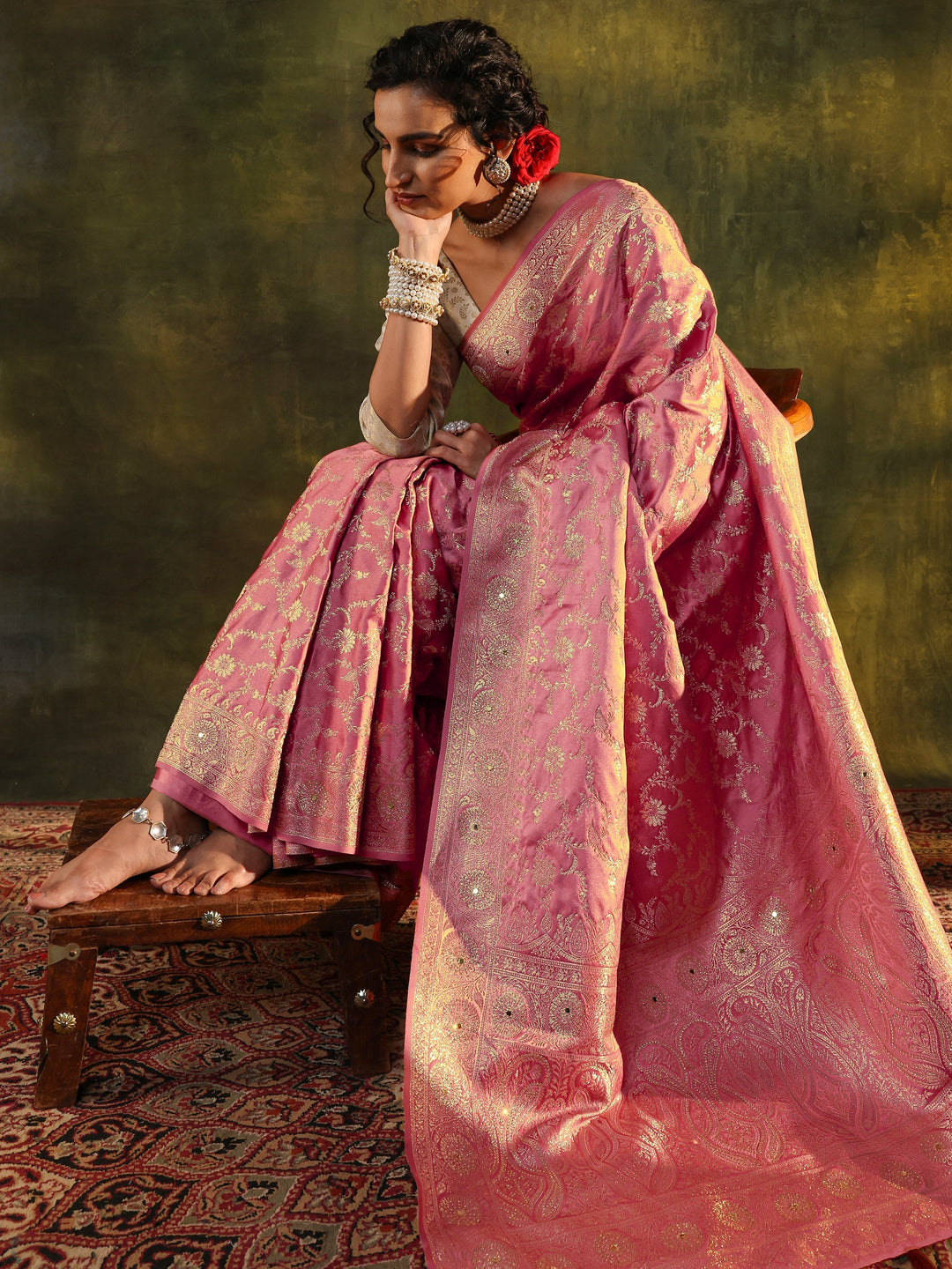 Libas Peach Woven Design Satin Banarasi Saree With Unstitched Blouse Piece
