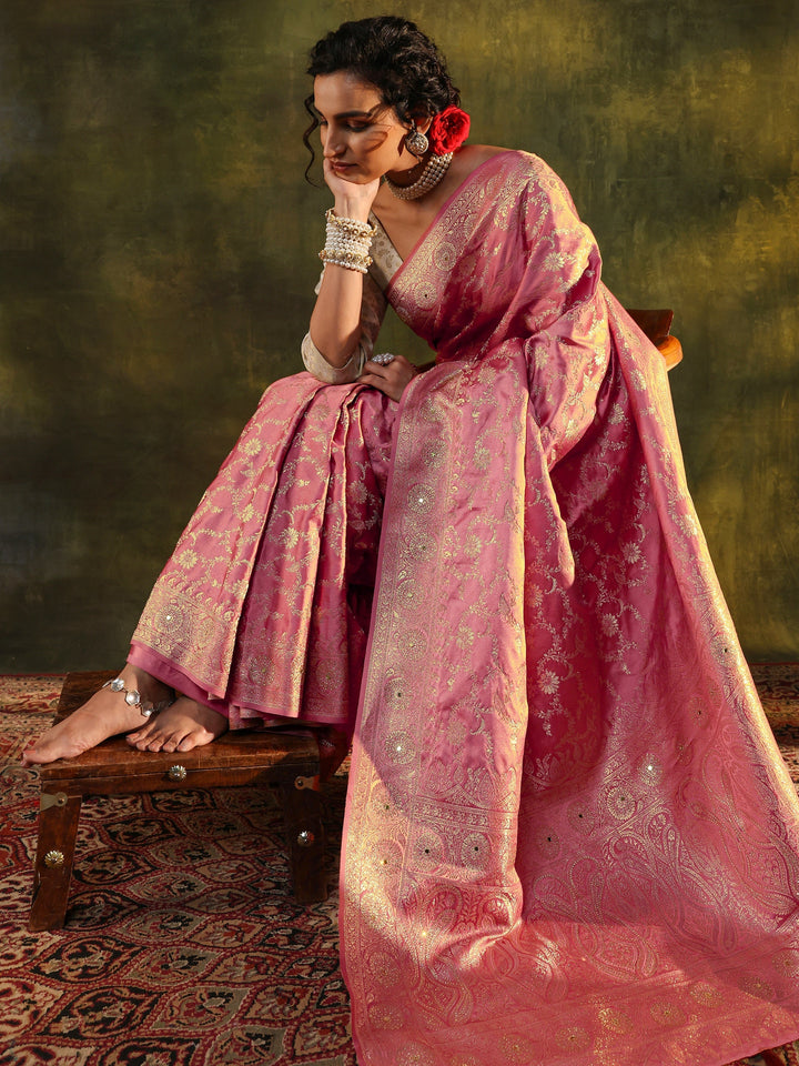 Libas Peach Woven Design Satin Banarasi Saree With Unstitched Blouse Piece