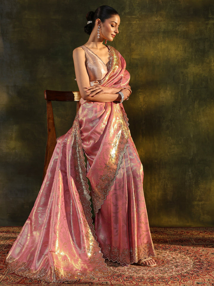 Libas Peach Woven Design Silk Banarasi Saree With Unstitched Blouse Piece