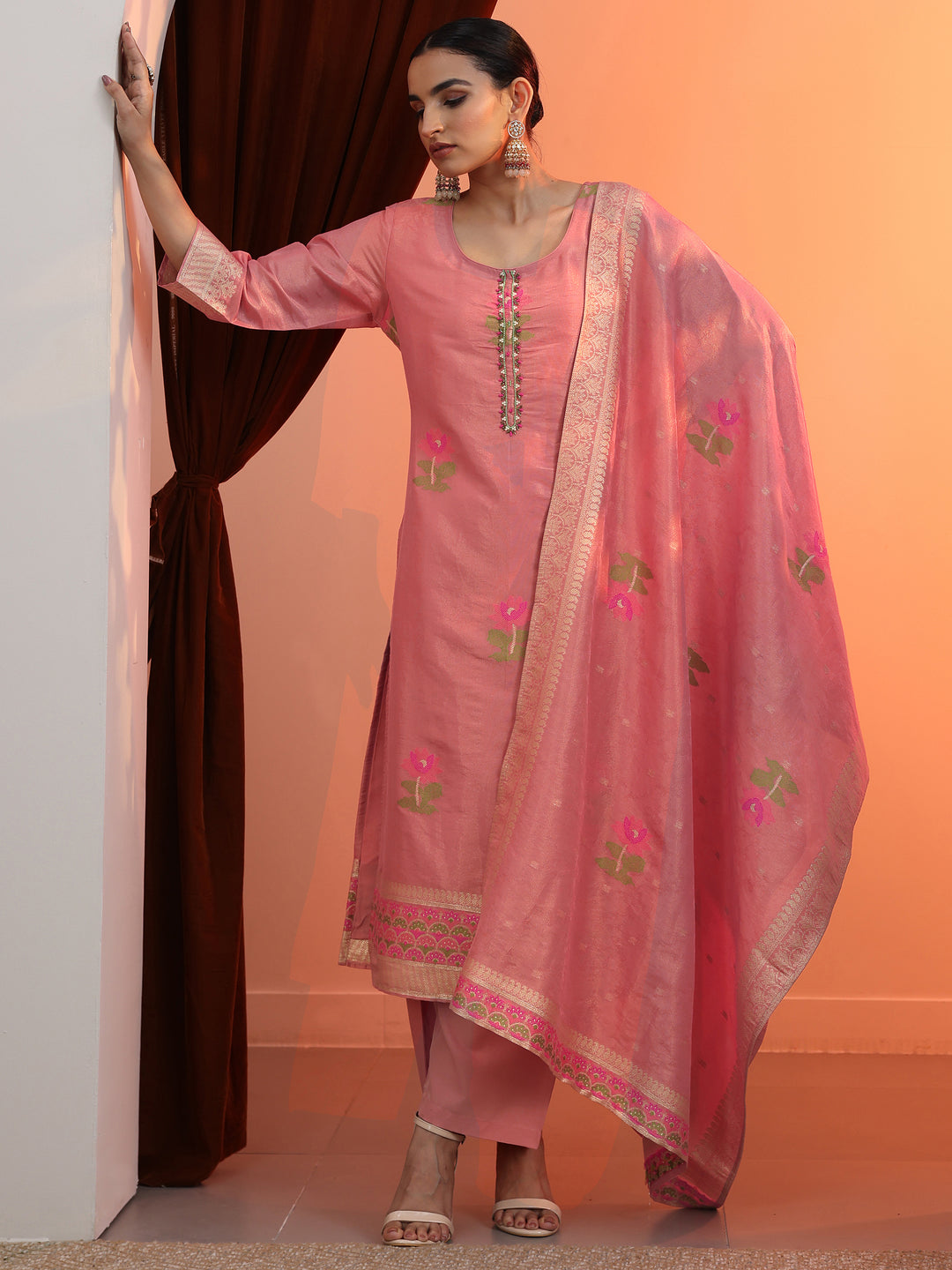 Peach Woven Design Silk Blend Straight Suit Set With Dupatta