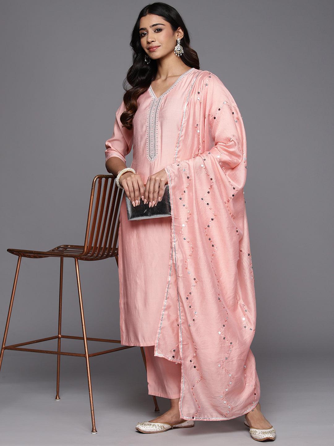 Peach Yoke Design Silk Blend Straight Kurta With Trousers & Dupatta - Libas 