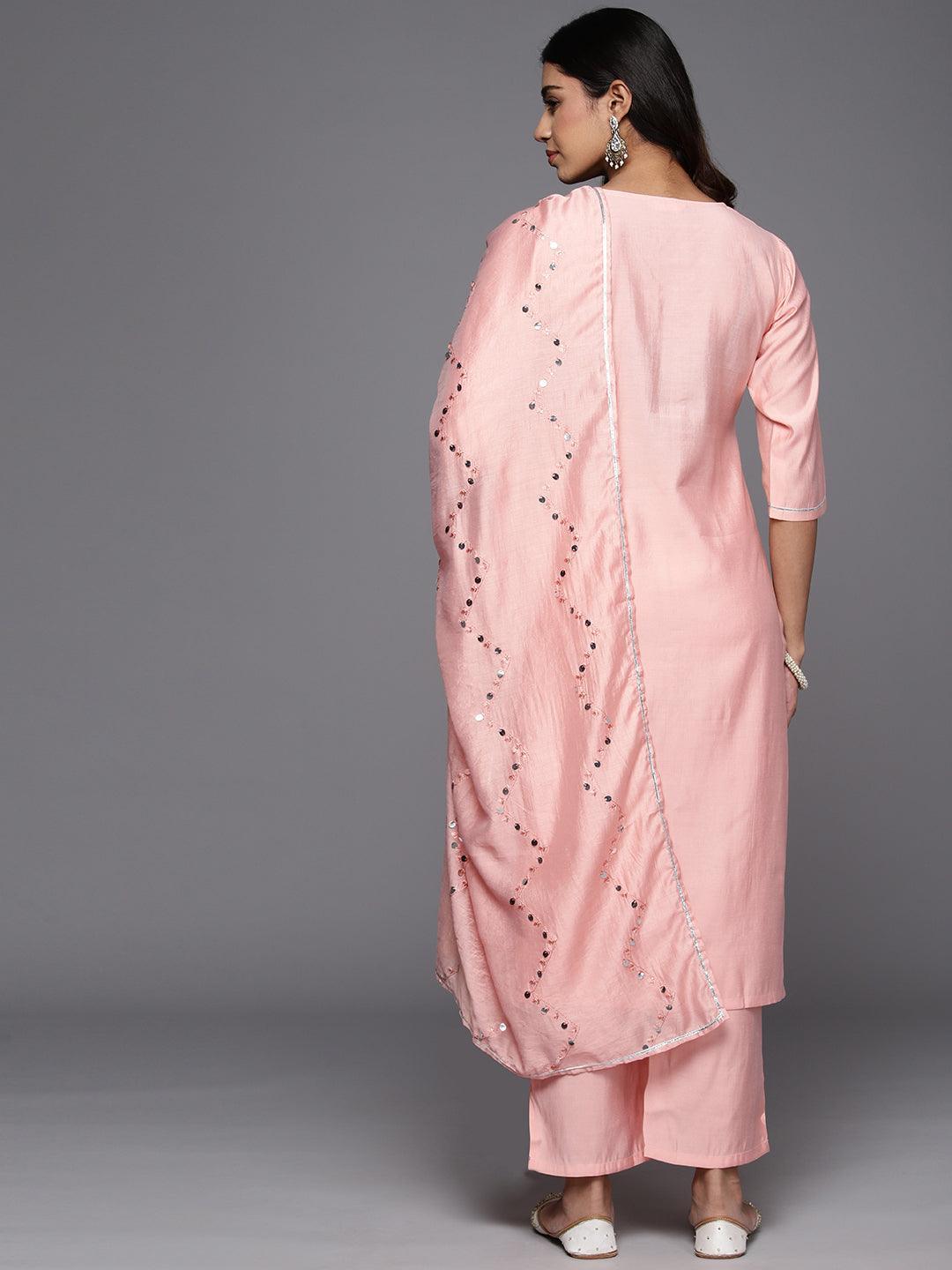 Peach Yoke Design Silk Blend Straight Kurta With Trousers & Dupatta - Libas 