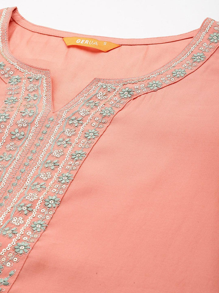 Peach Yoke Design Silk Blend Straight Kurta With Trousers & Dupatta - Libas