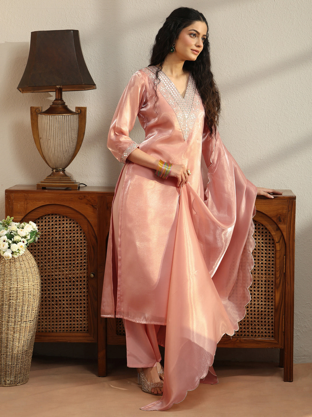 Buy Gerua Peach Yoke Design Tissue Straight Suit Set Online in Canada at $87.00
