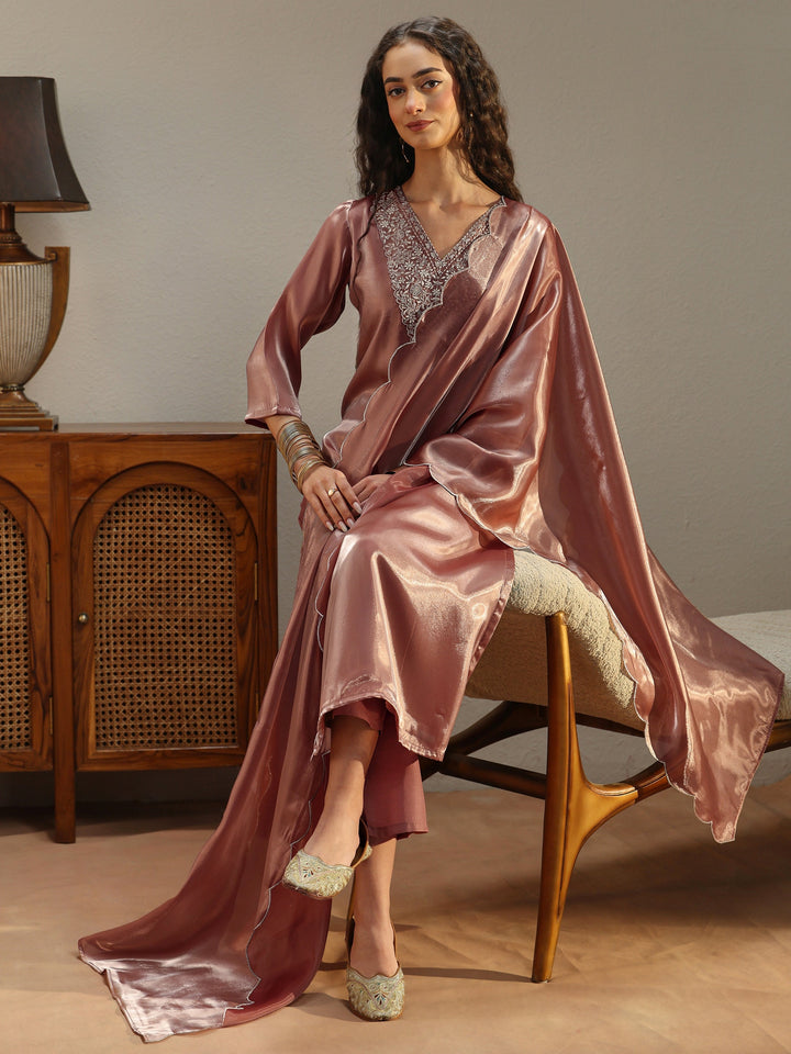 Peach Yoke Design Tissue Straight Suit Set