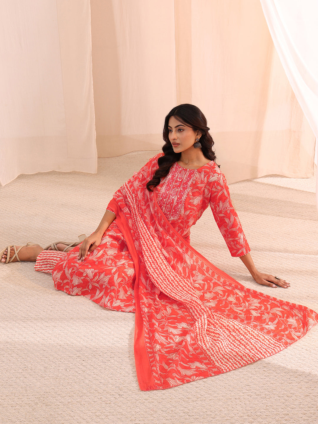 Gerua Peach Yoke Embroidered Cotton Blend Straight Suit Set