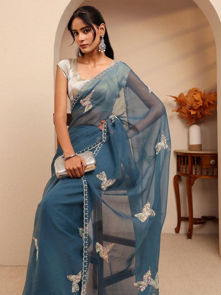 Libas Peacock Blue Tissue Saree