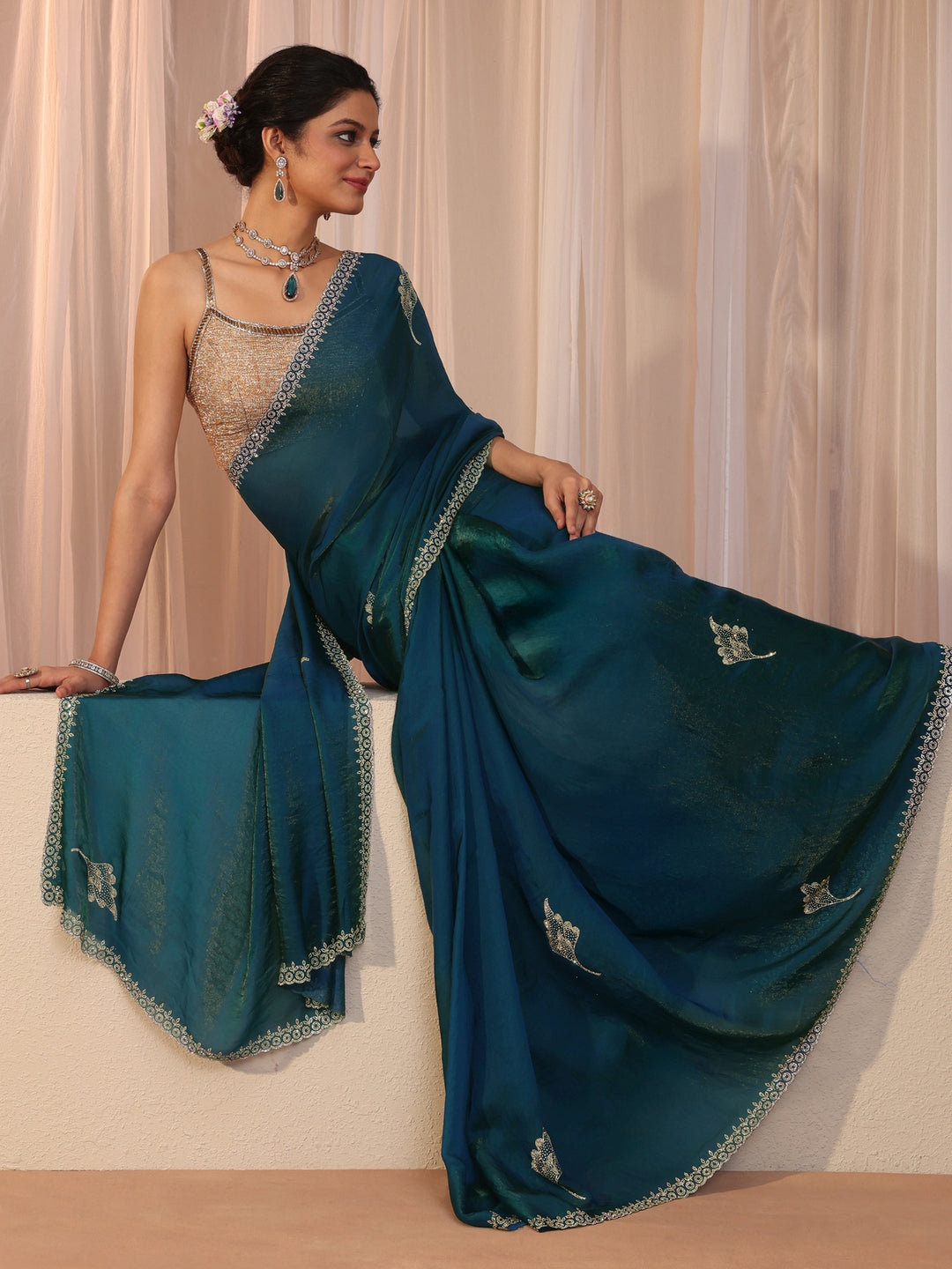 Peacock Blue Tissue Saree With Embellished Leaf Motifs