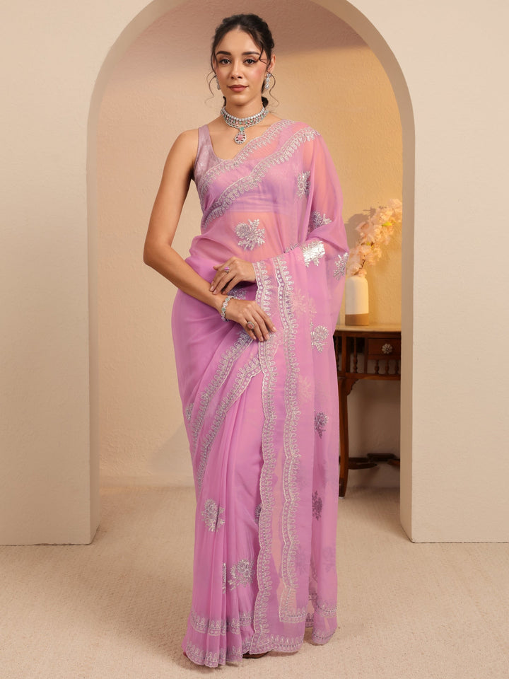 Libas Periwinkle Pink Floral Embellished Chiffon Saree