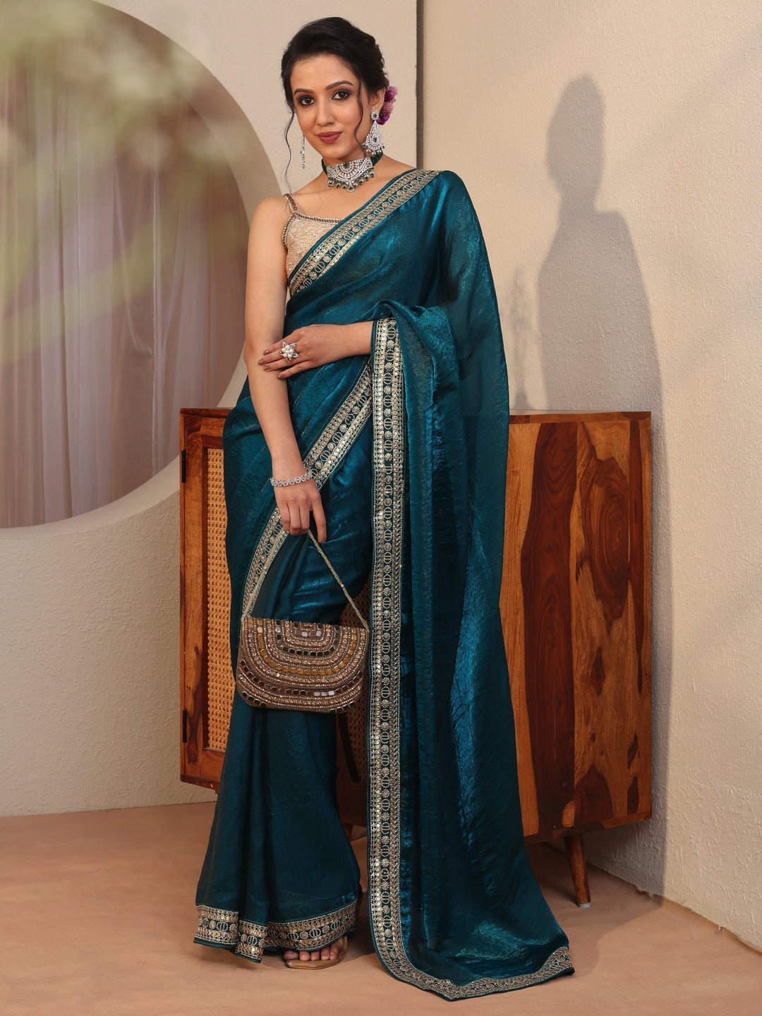 Persian Blue Embellished Border Tissue Saree