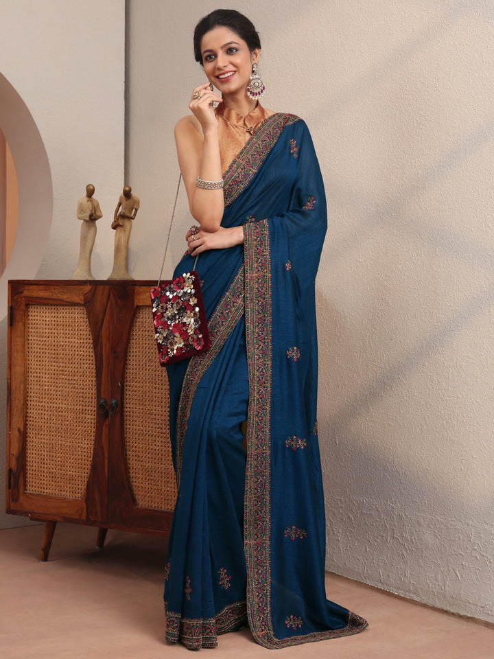 Persian Blue Floral Embroidered Silk Blend Saree