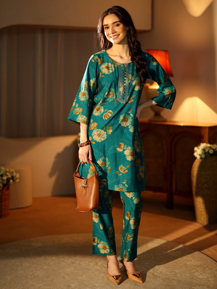 Persian Blue Floral Printed Silk Blend Co-Ord Set