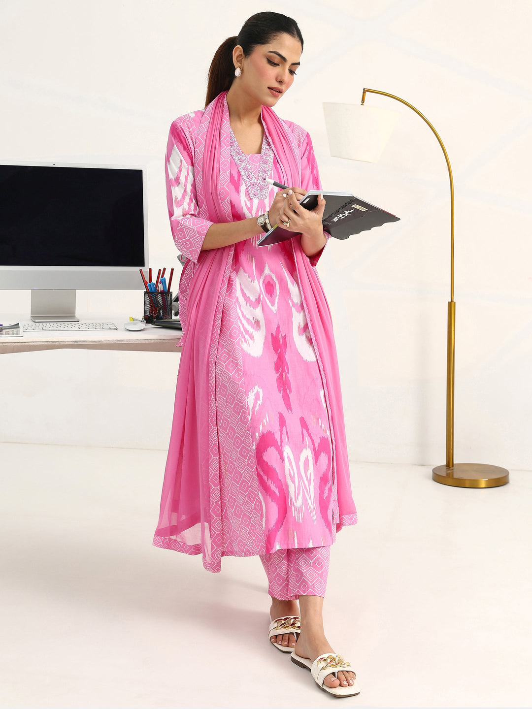 Pink Abstract Printed Cotton Blend Straight Suit Set With Dupatta