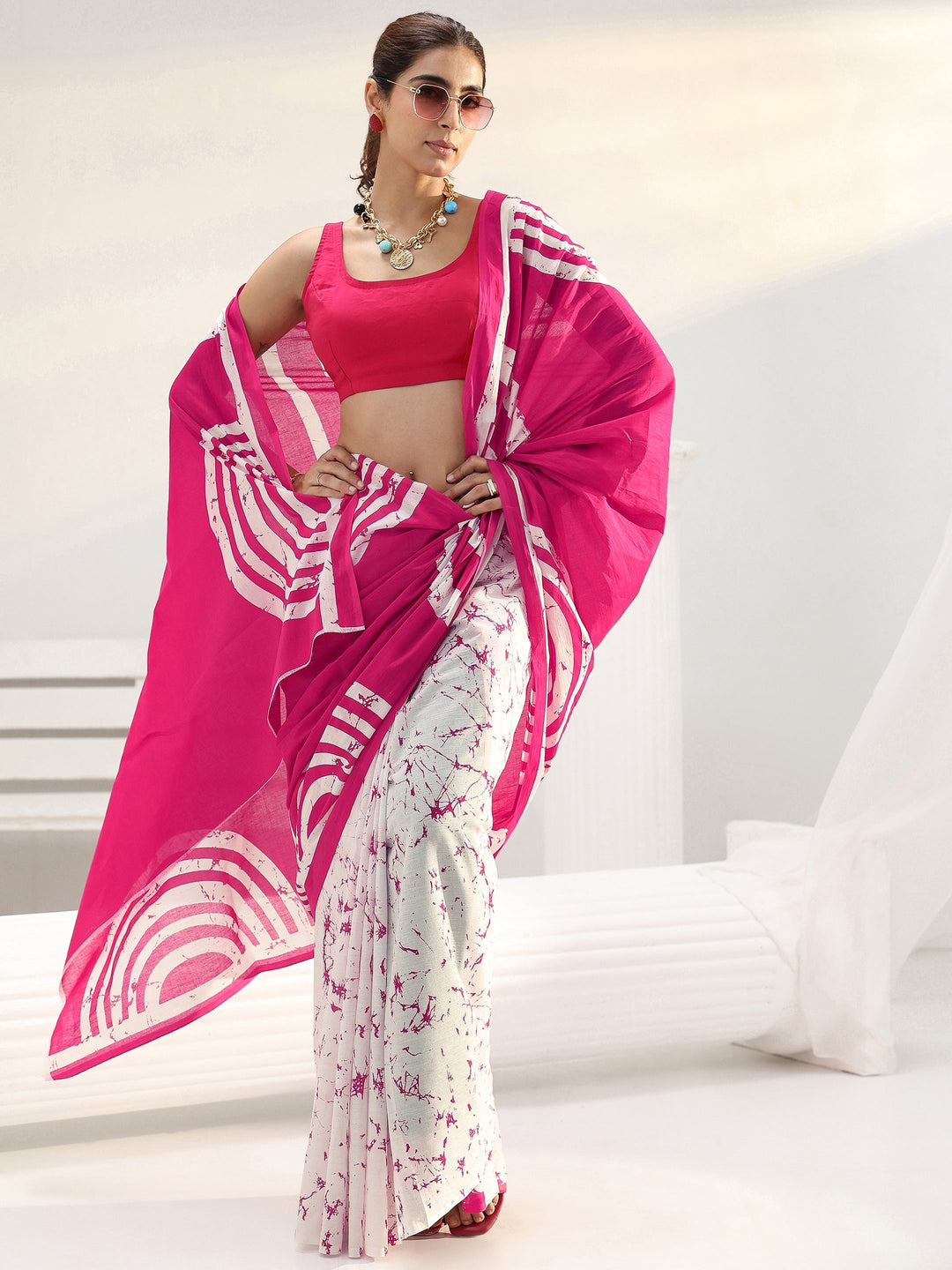 Pink Abstract Printed Cotton Saree