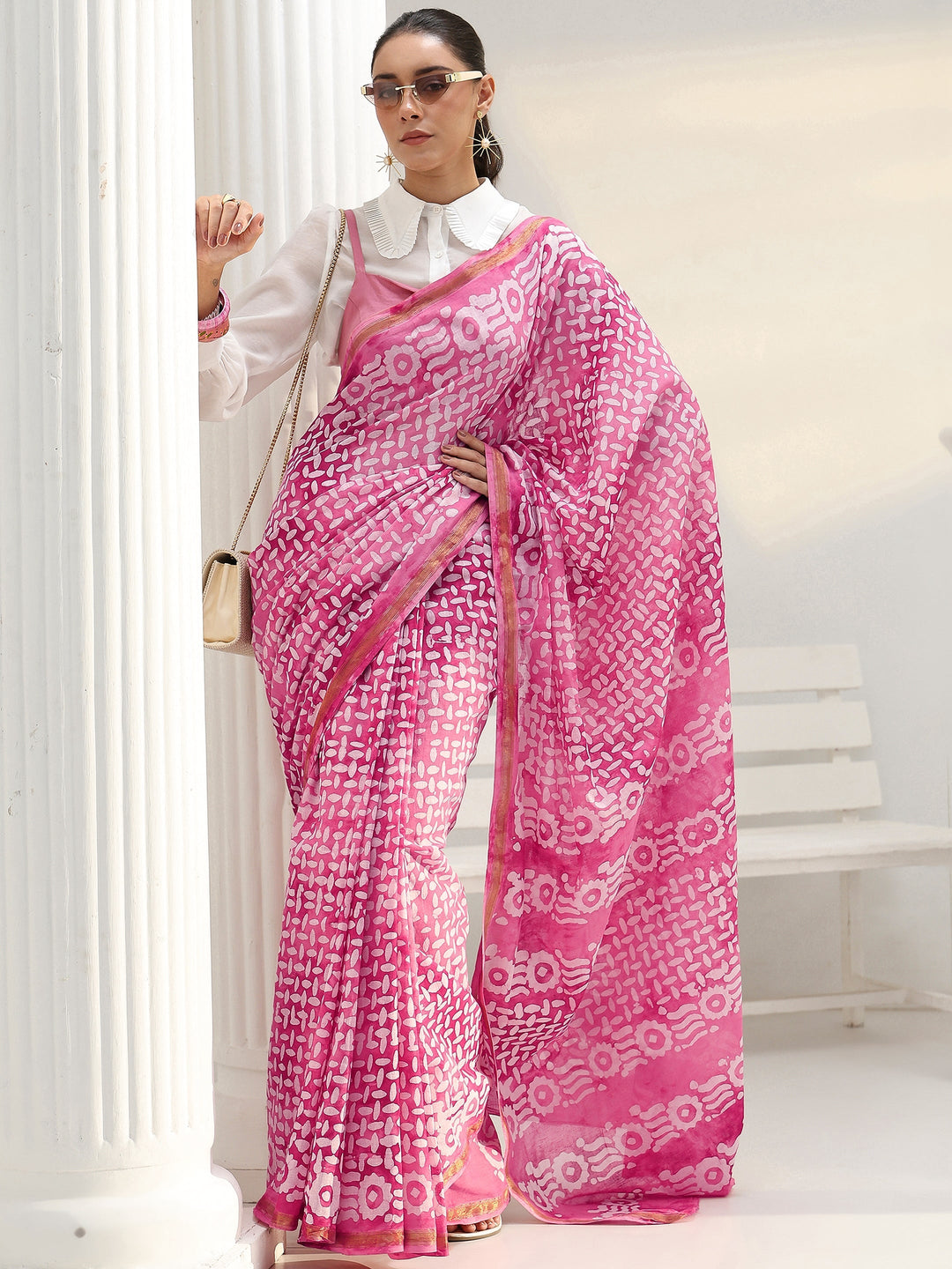 Pink Abstract Printed Cotton Saree