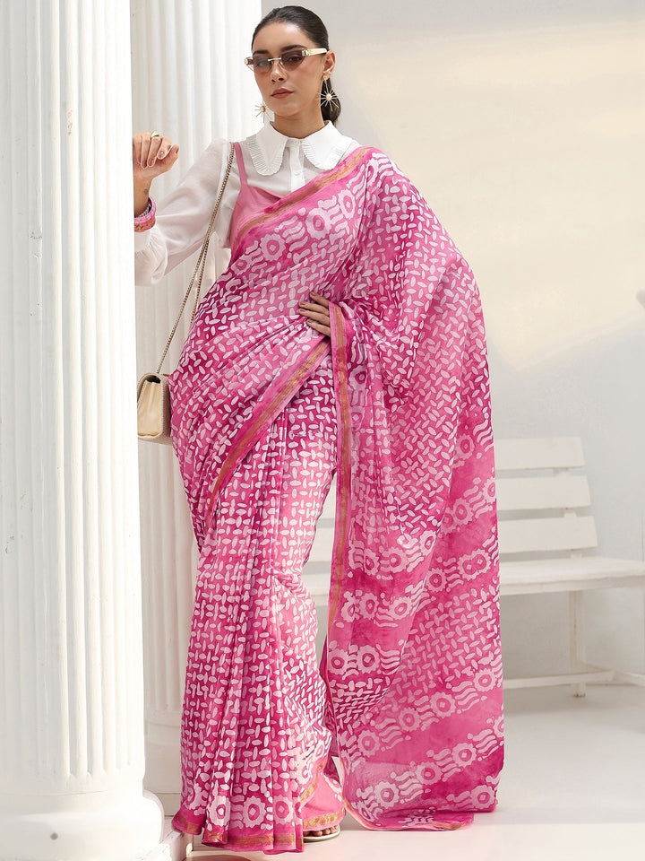 Pink Abstract Printed Cotton Saree
