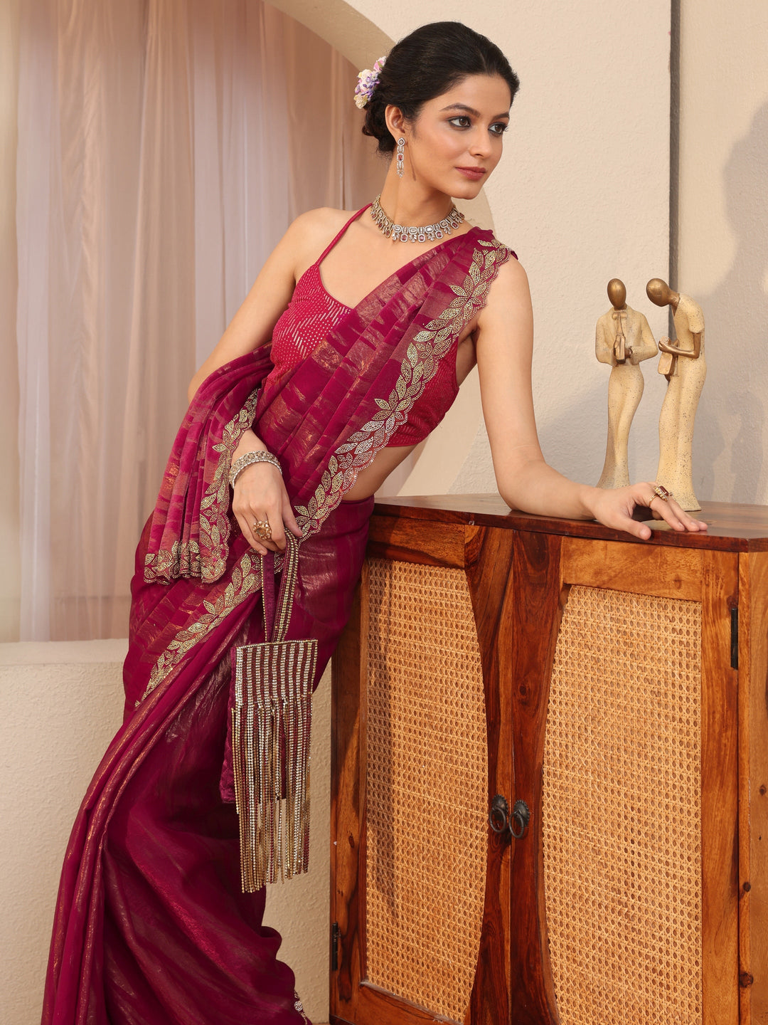 Pink And Golden Tissue Saree With Embellished Border