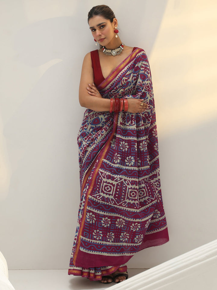 Pink Bagru Print Cotton Saree