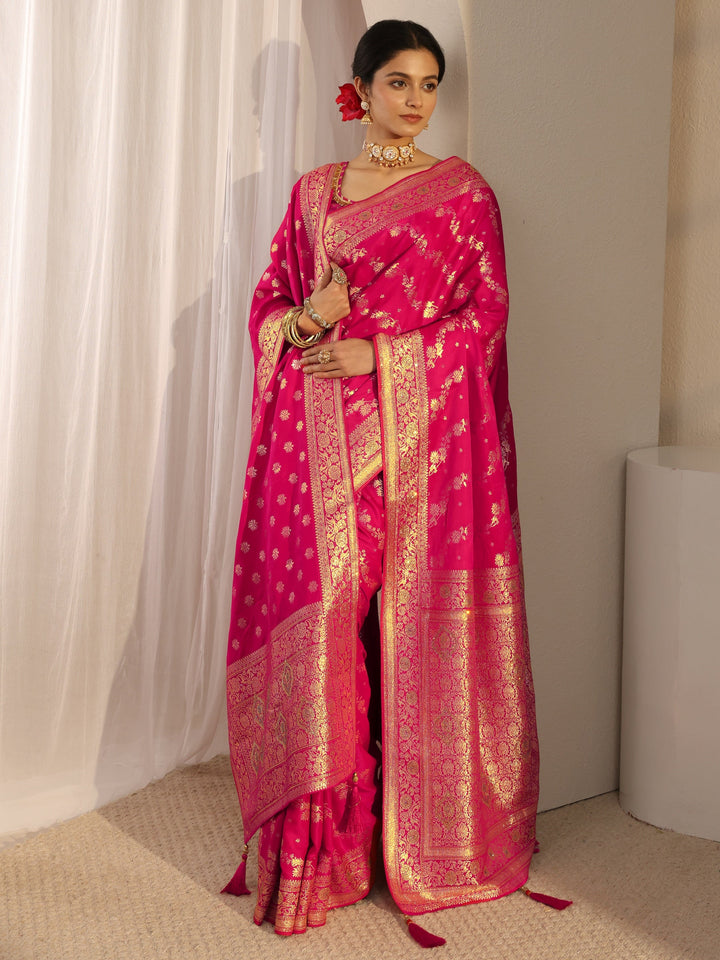 Pink Banarasi Satin Saree With Unstiched Blouse Piece And Dupatta