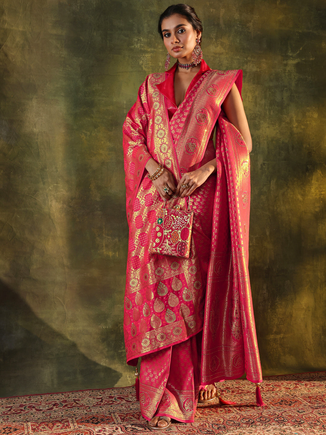 Pink Banarasi Silk Saree With Unstitched Blouse And Dupatta