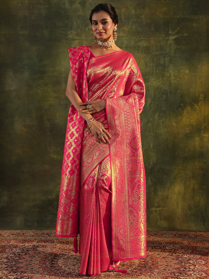 Pink Banarasi Silk Saree With Unstitched Blouse And Dupatta