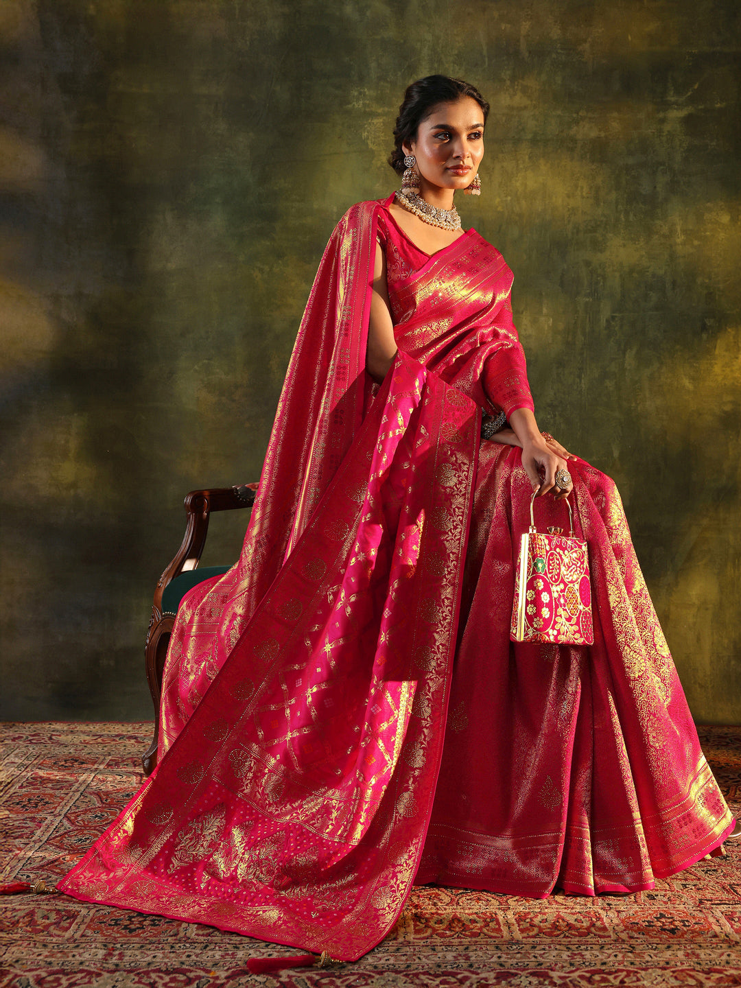 Pink Banarasi Silk Saree With Unstitched Blouse And Dupatta