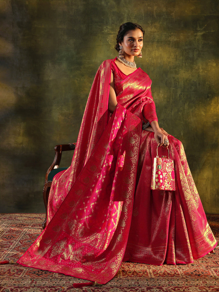 Pink Banarasi Silk Saree With Unstitched Blouse And Dupatta