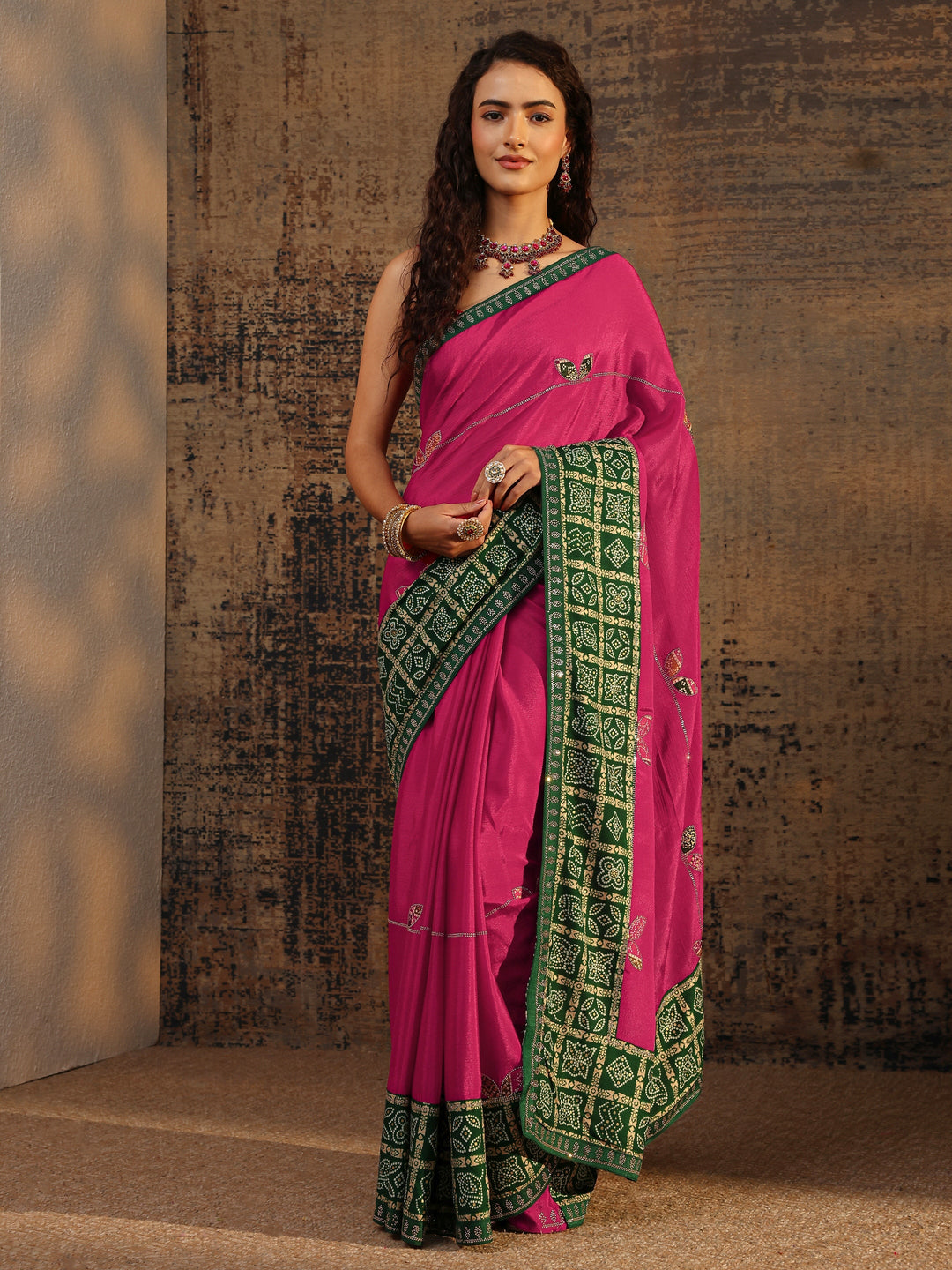 Pink Bandhani Embellished Silk Blend Saree With Unstitched Blouse Piece