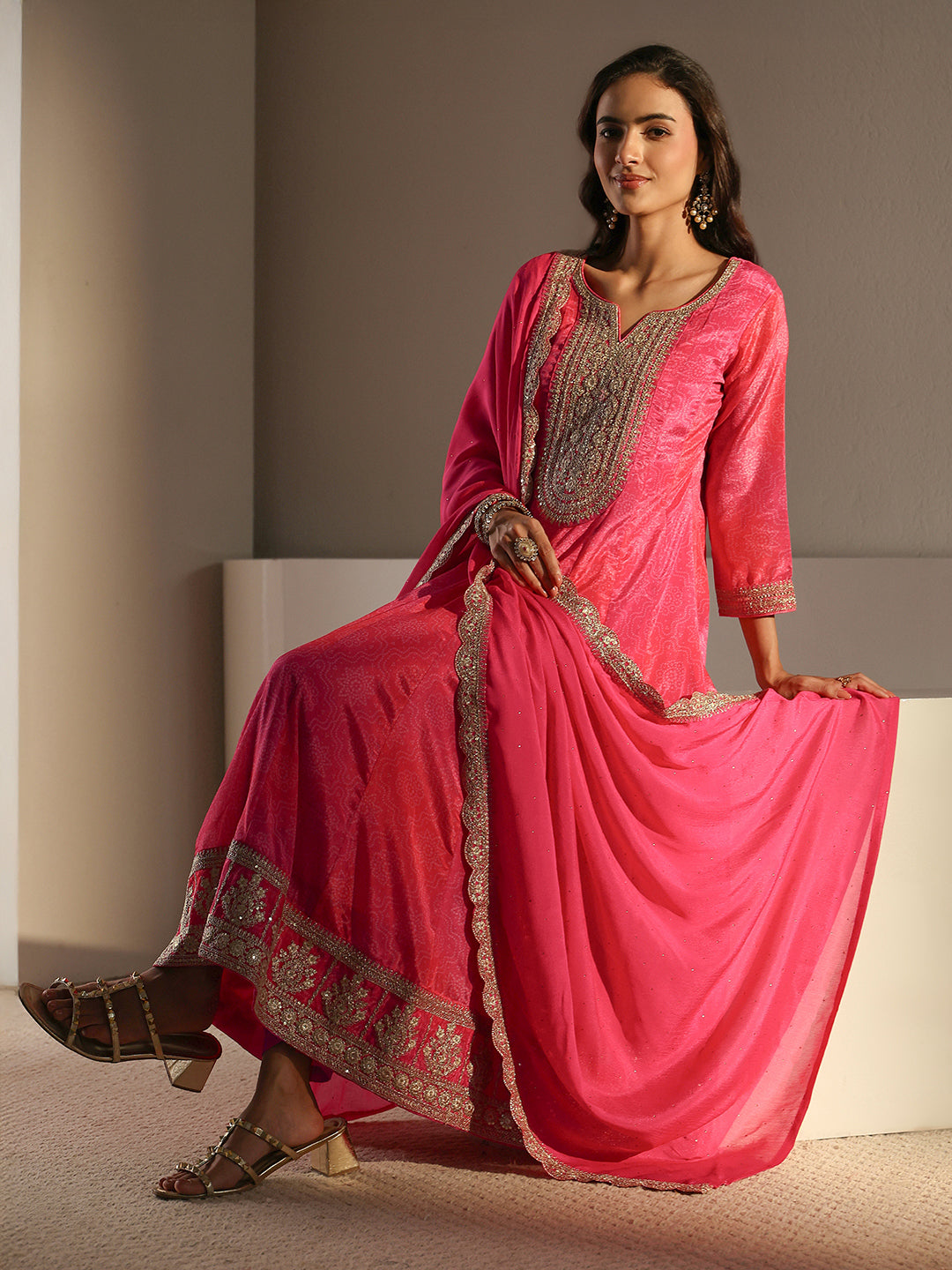 Pink Bandhani Printed Chinon Anarkali Suit Set With Dupatta