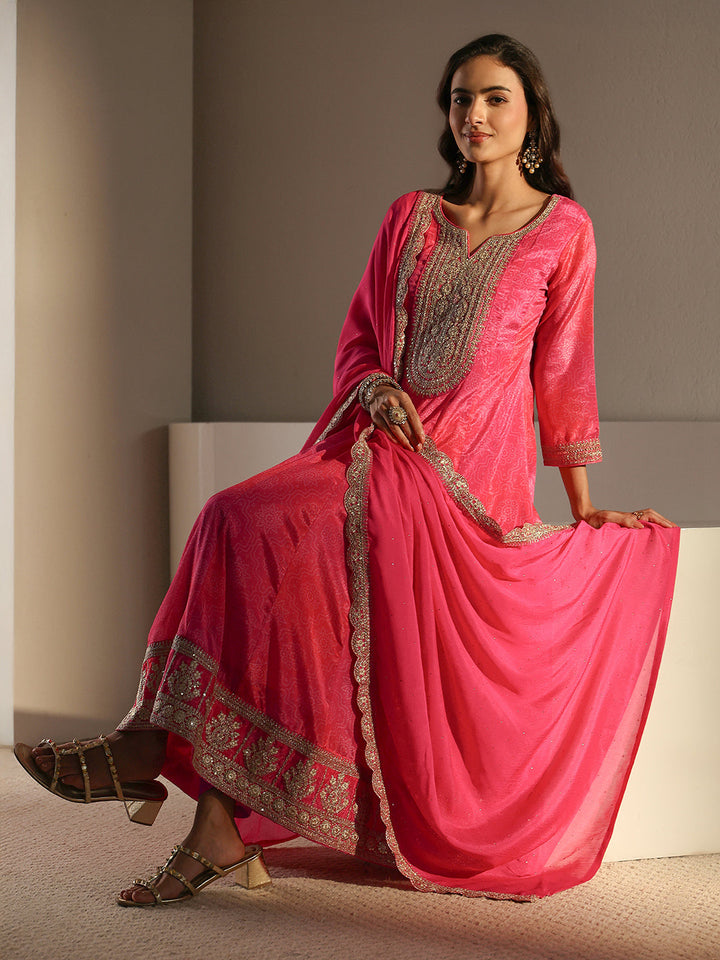 Pink Bandhani Printed Chinon Anarkali Suit Set With Dupatta