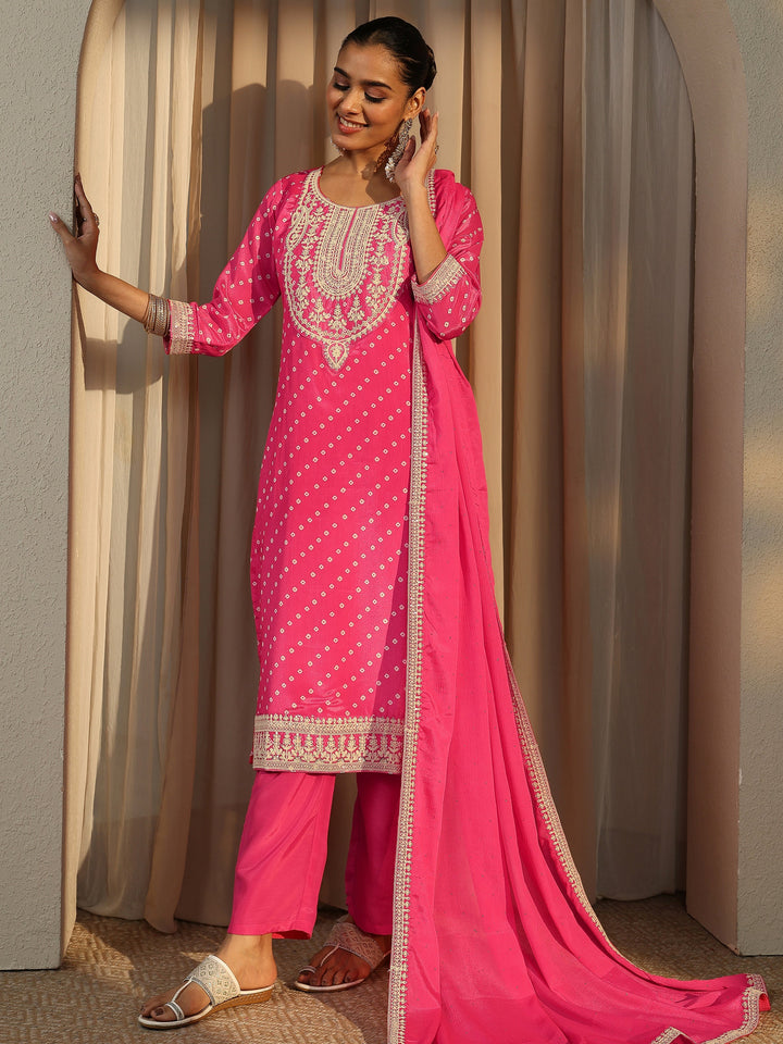 Pink Bandhani Printed Chinon Straight Suit Set With Dupatta