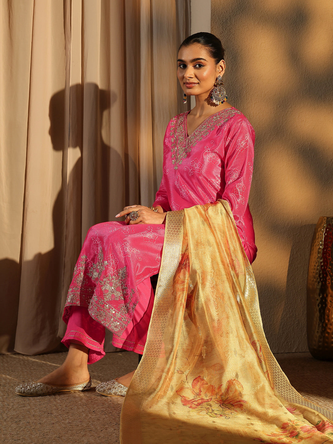 Pink Bandhani Printed Chinon Straight Suit Set With Dupatta