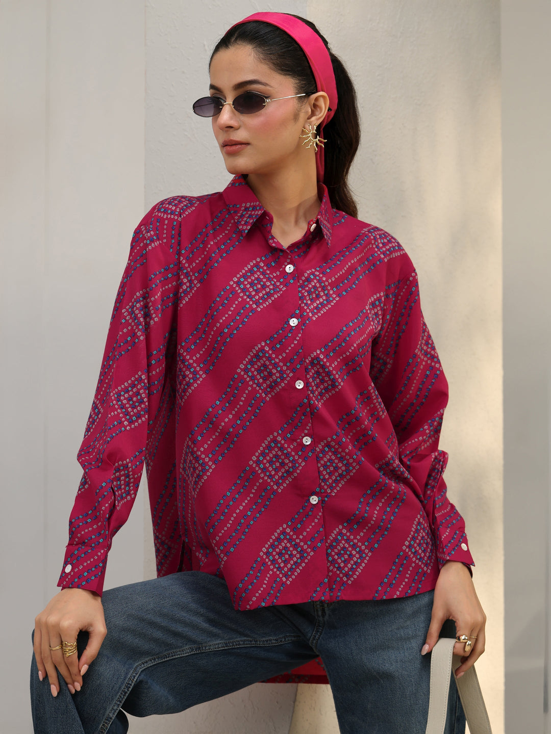 Pink Bandhani Printed Cotton Blend Shirt