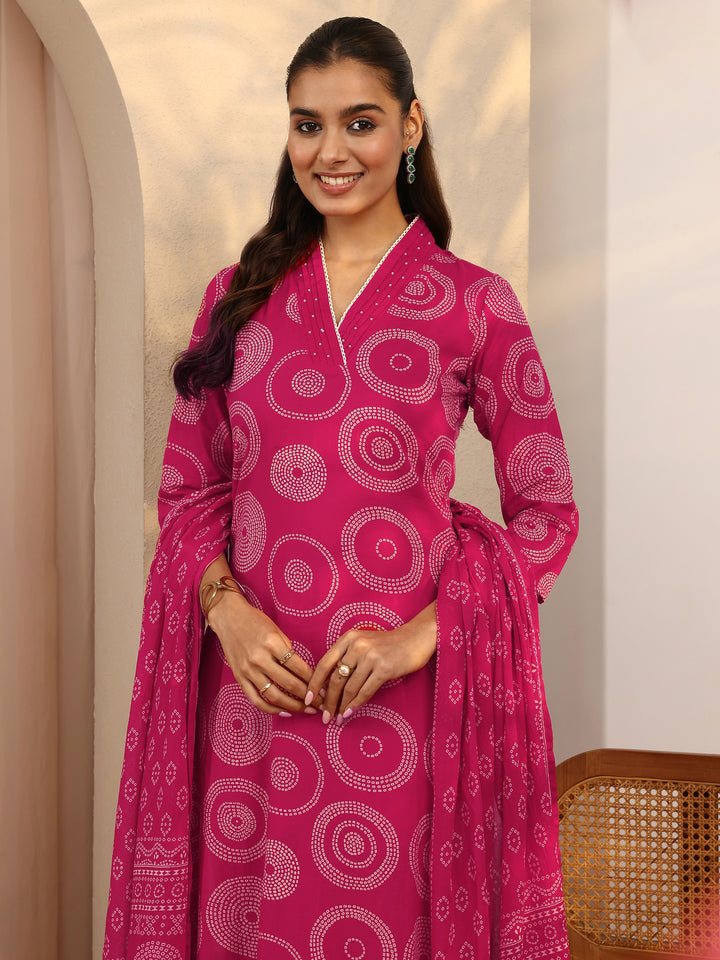 Pink Bandhani Printed Cotton Suit Set With Dupatta