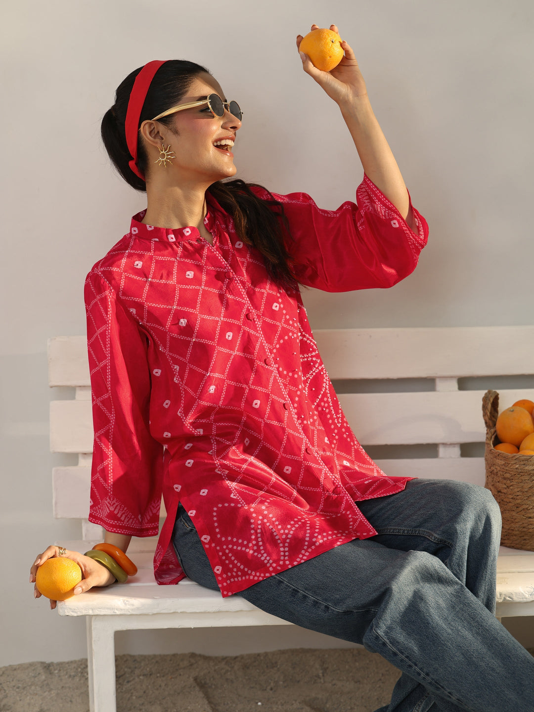 Pink Bandhani Printed Crepe Shirt