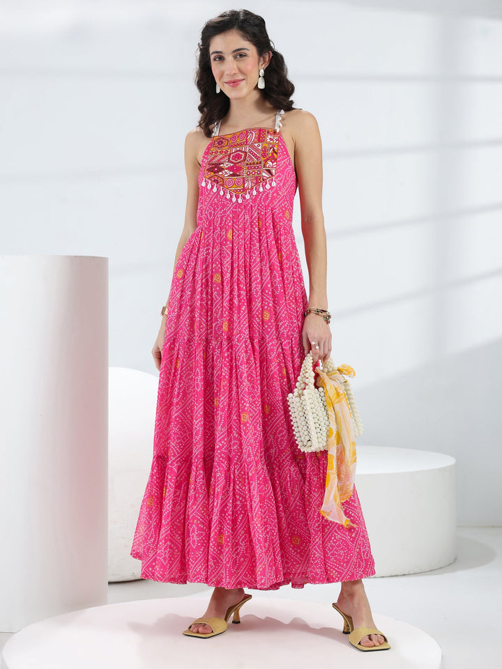 Libas Pink Bandhani Printed Georgette Fit-And-Flare One-Piece Dress